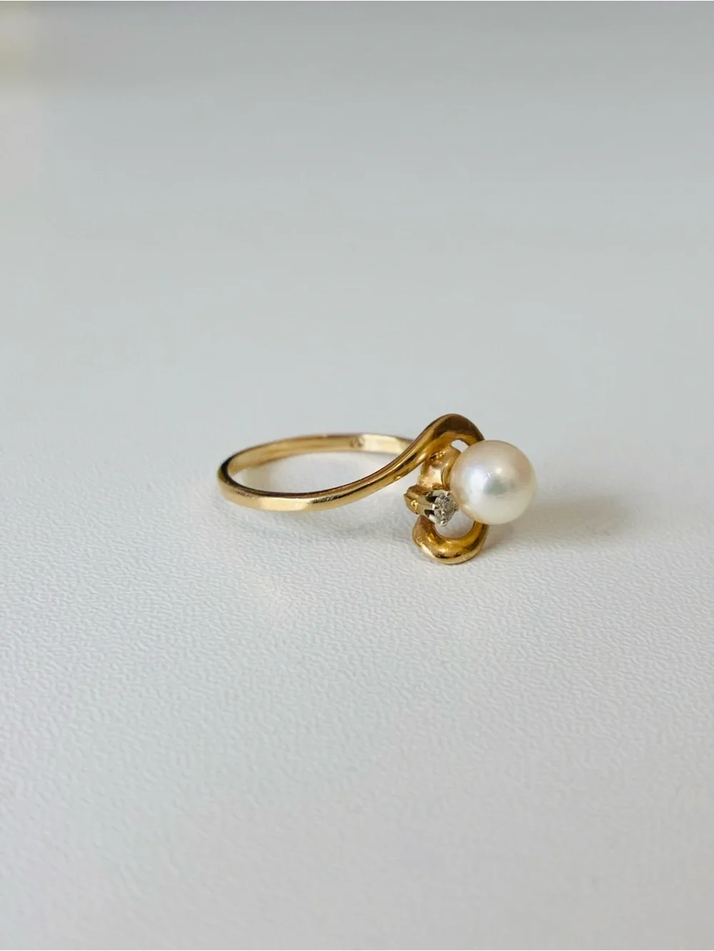 14K Plumb Gold Diamond Pearl Ring And 14K Gold Diamond Earrings, Vintage